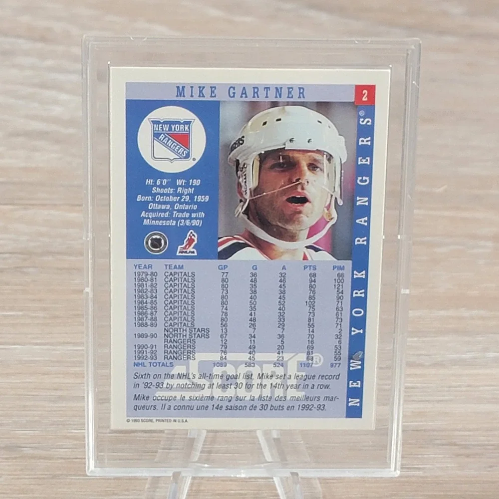 Mike Gartner Autographed 1992 Score Hockey Card New York Rangers RW